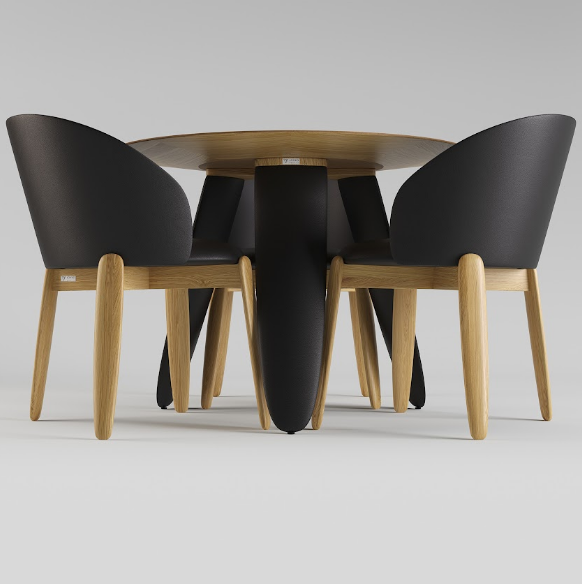 Стол обеденный LVK- Rino диаметр 100 дуб маркетри/ кожа черный