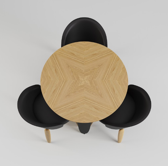 Стол обеденный LVK- Rino диаметр 100 дуб маркетри/ кожа черный