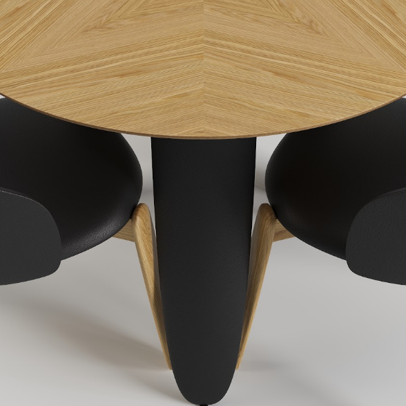 Стол обеденный LVK- Rino диаметр 100 дуб маркетри/ кожа черный