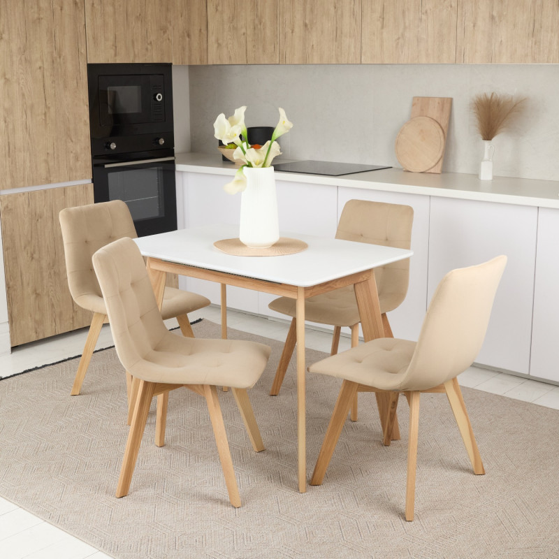 Кухонный комплект Ont- Алонзо 100 белый раздвижной стол + 4 стула Дарио бежевые