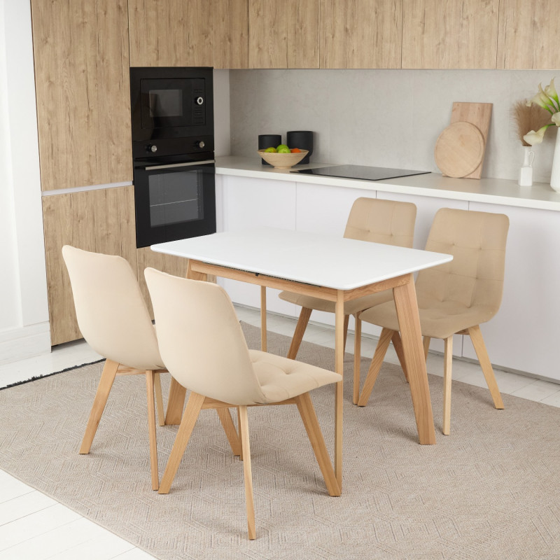 Кухонный комплект Ont- Алонзо 100 белый раздвижной стол + 4 стула Дарио бежевые