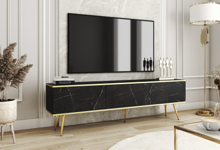 Тумба под ТВ Perfect Home Оро / Oro RTV175 3-дверная с золотыми ножками Черный мрамор роял