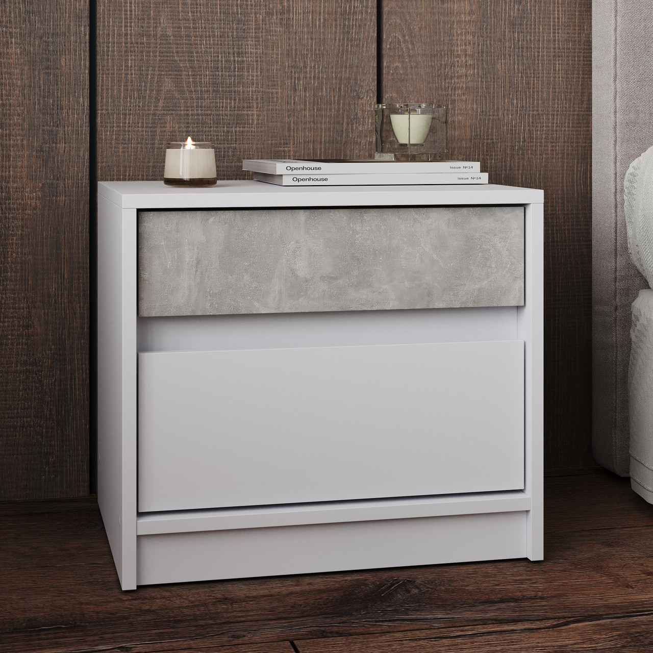 Тумба прикроватная EVR- Стайл-500 белый + фасад бетон