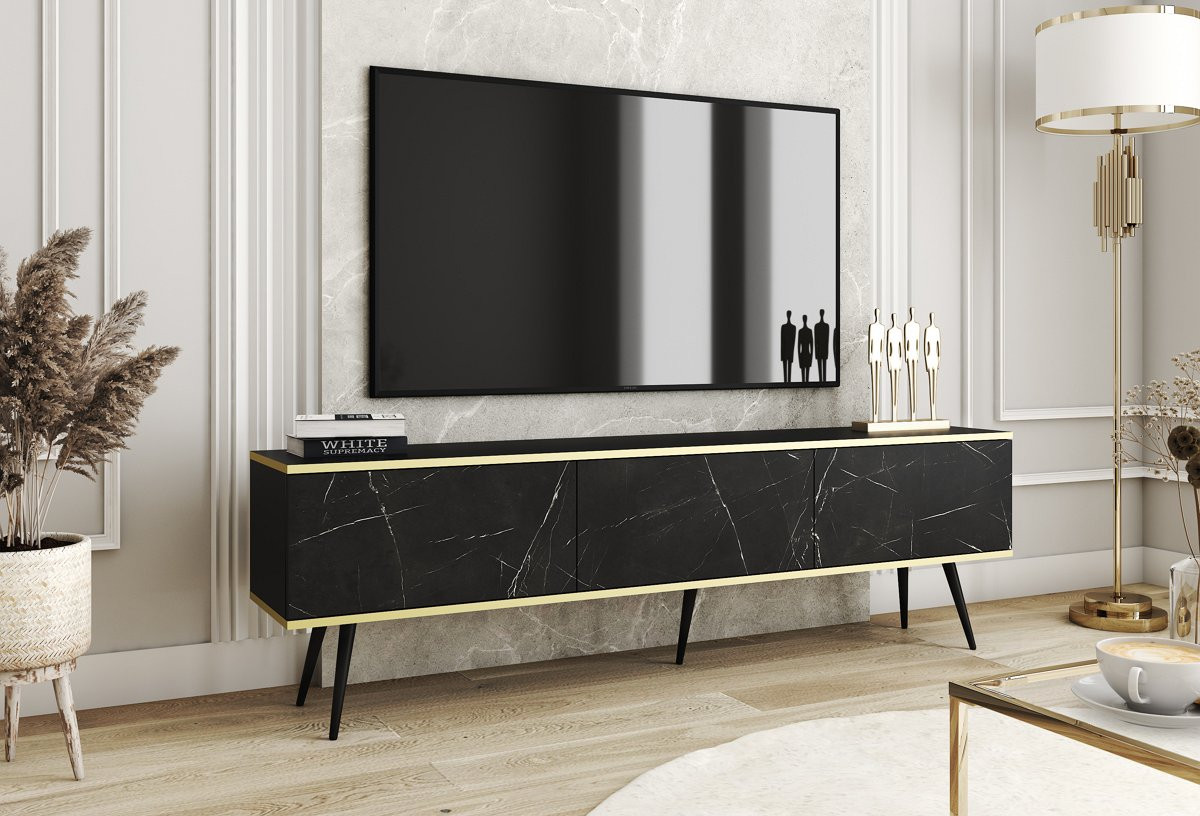 Тумба под ТВ Perfect Home Оро / Oro RTV175 3-дверная с черными ножками Черный мрамор роял