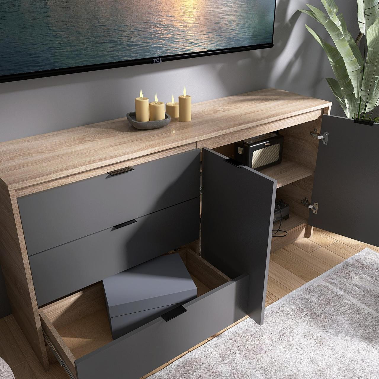 Большой комод EVR- Сити-1500 дуб Сонома + фасад графит