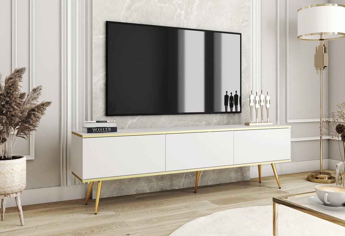 Тумба под ТВ Perfect Home Оро / Oro RTV175 3-дверная с золотыми ножками Белый