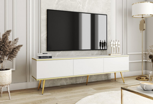 Тумба под ТВ Perfect Home Оро / Oro RTV175 3-дверная с золотыми ножками Белый