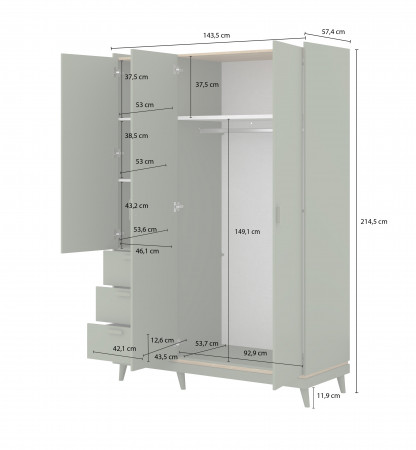 Шкаф на 3 двери с 3 ящиками Helvetia SCANDI 24D5OH19 (дуб/кирпич)