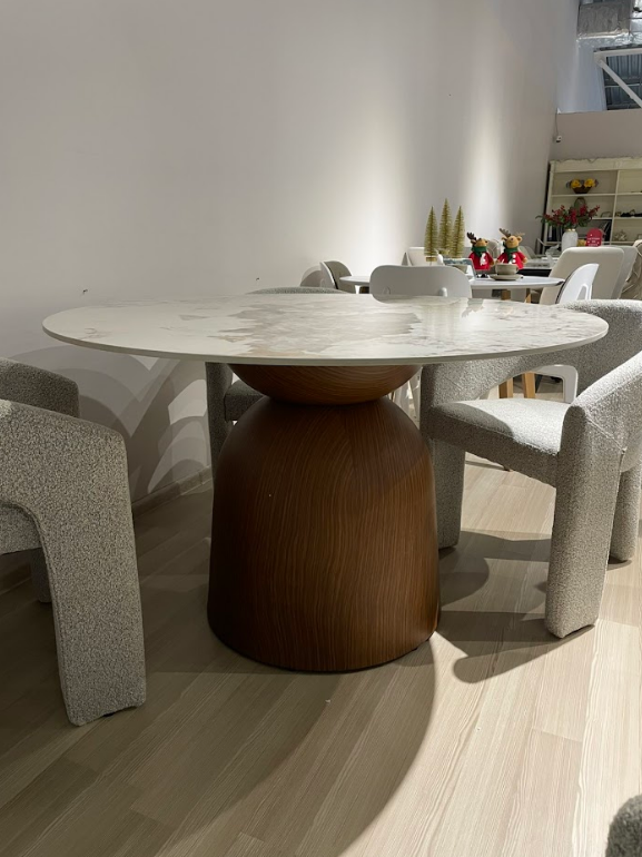Стол обеденный  EXI- FUSION светлый мрамор глянец + ореховая ножка