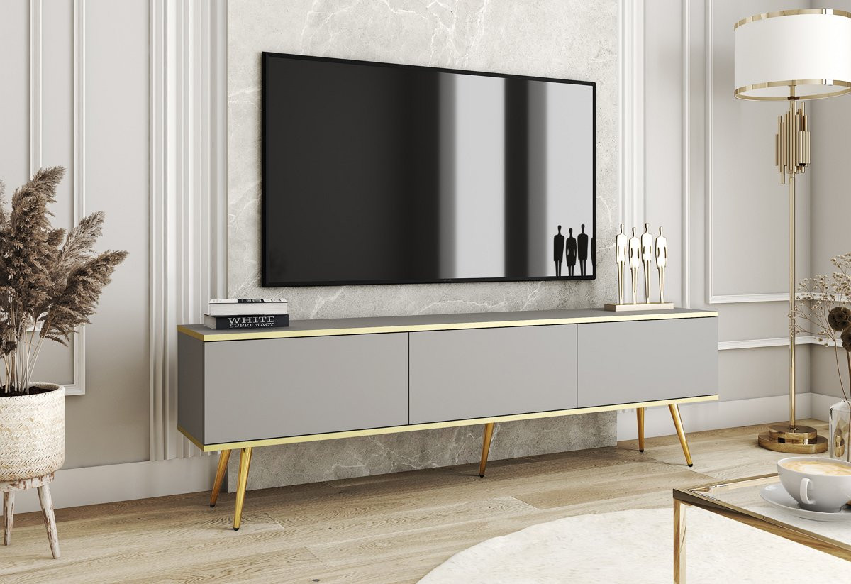 Тумба под ТВ Perfect Home Оро / Oro RTV175 3-дверная с золотыми ножками Серый