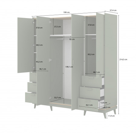 Шкаф на 4 двери с 6 ящиками Helvetia SCANDI 24D5OH20 (дуб/кирпич)