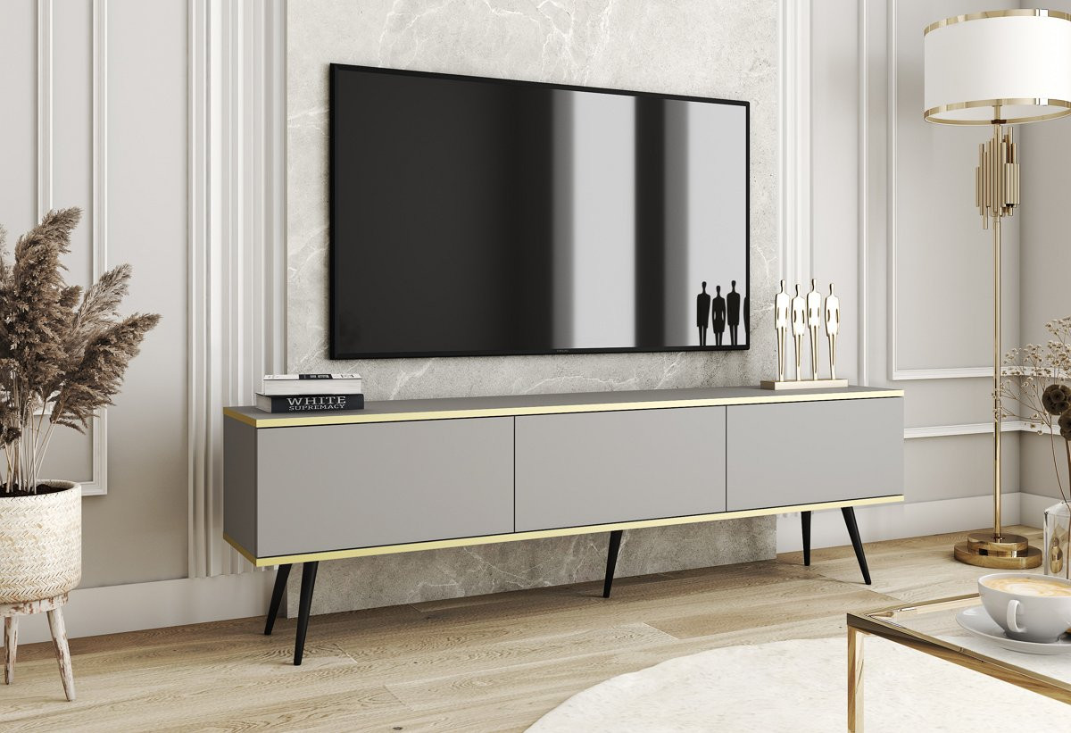 Тумба под ТВ Perfect Home Оро / Oro RTV175 3-дверная с черными ножками Серый