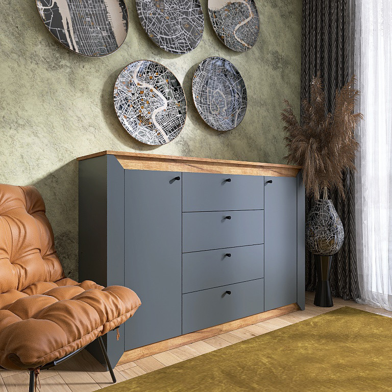 Большой комод EVR- Нордик-1400 дуб крафт золотой + фасад графит