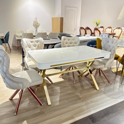 Стол обеденный  EXI- CAMELIA белый глянец, золотые ножки 140x80 cm