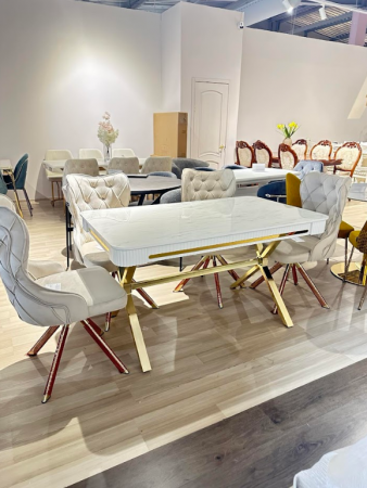 Стол обеденный  EXI- CAMELIA белый глянец, золотые ножки 140x80 cm