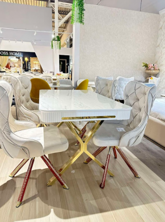 Стол обеденный  EXI- CAMELIA белый глянец, золотые ножки 140x80 cm