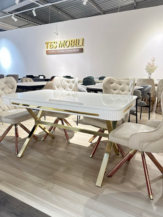 Стол обеденный  EXI- CAMELIA белый глянец, золотые ножки 140x80 cm