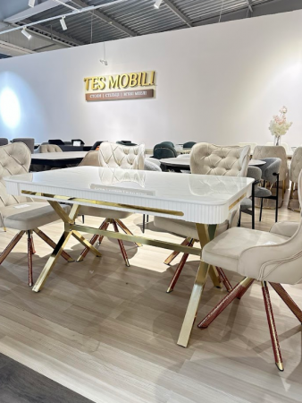 Стол обеденный  EXI- CAMELIA белый глянец, золотые ножки 140x80 cm