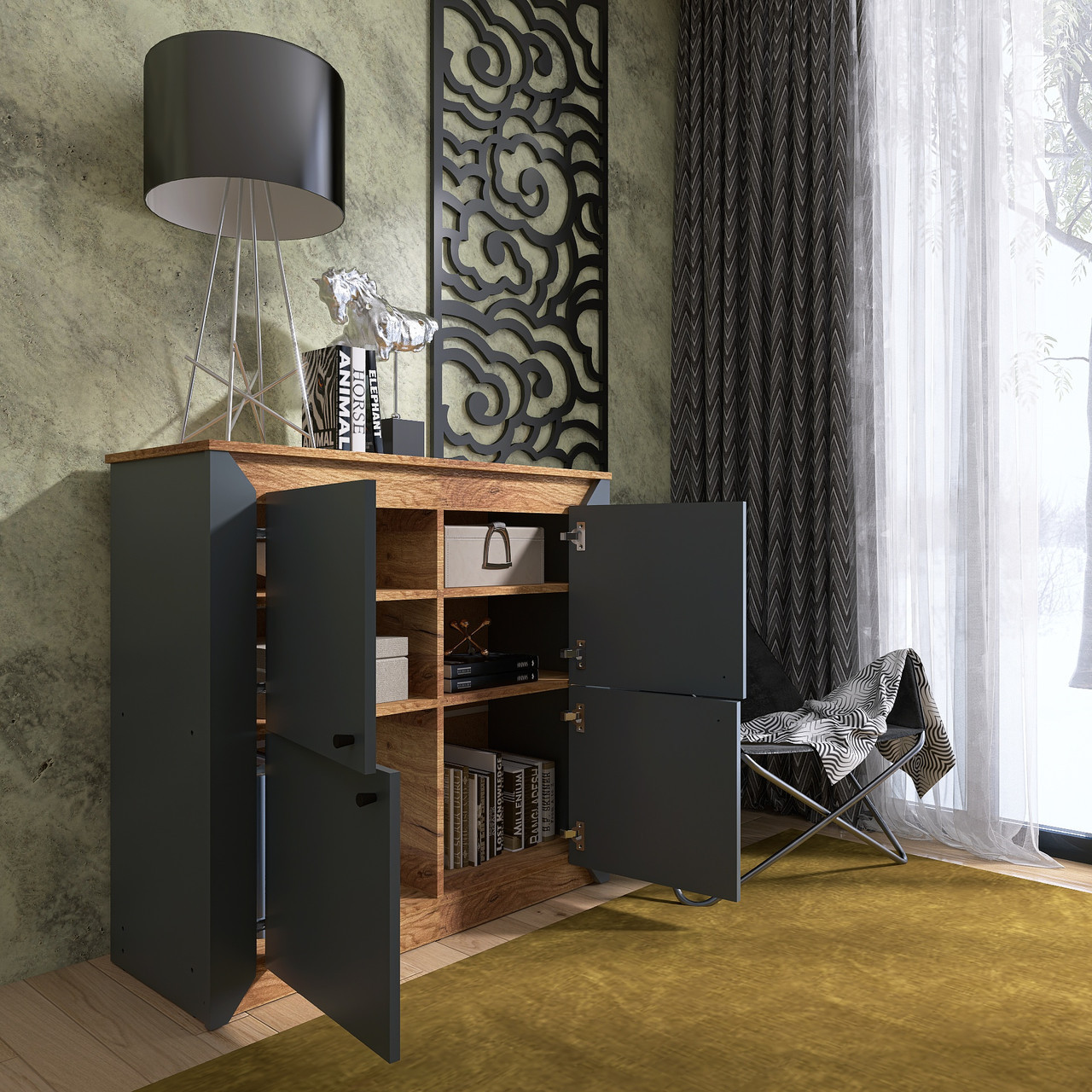 Тумба- комод на 4 двери EVR- Нордик-980 дуб крафт золотой + фасад графит