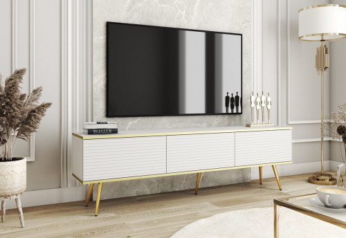 Тумба под ТВ Perfect Home Оро / Oro RTV175 MDF 3-дверная с золотыми ножками Белый