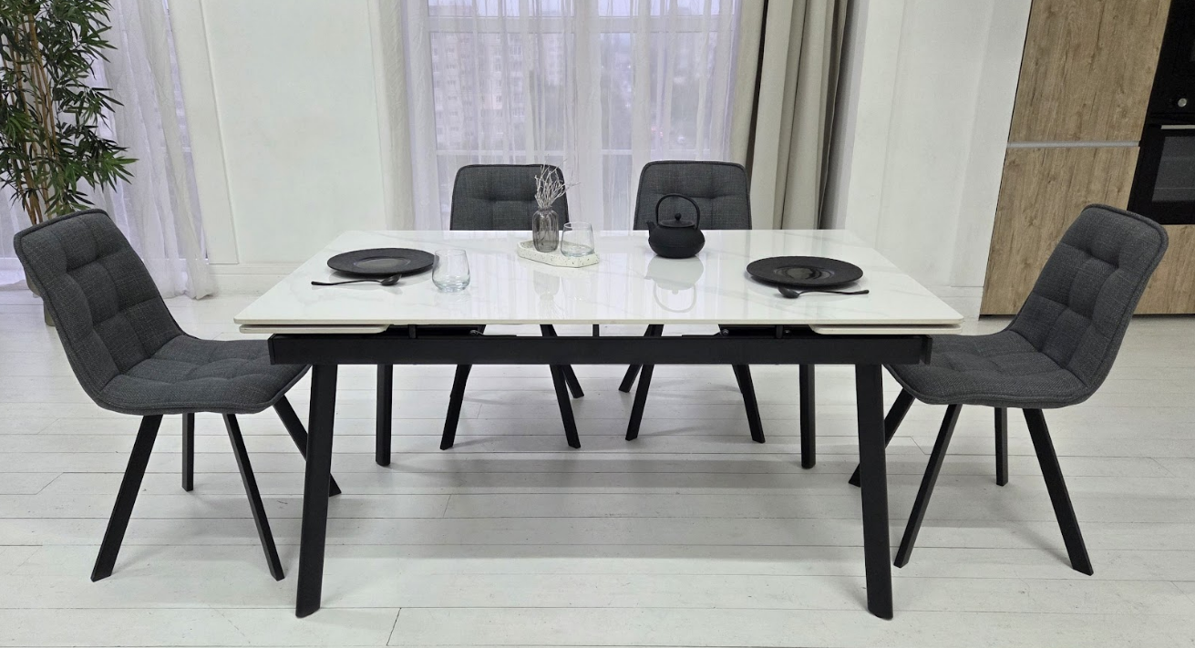 Стол керамический раскладной VTR- TM-98 белый мрамор/ черный  150-210*90*76