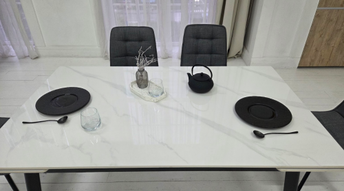 Стол керамический раскладной VTR- TM-98 белый мрамор/ черный  150-210*90*76