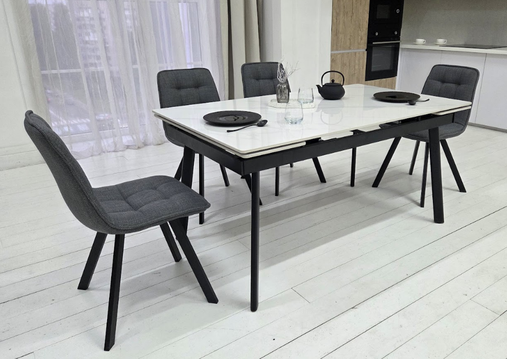 Стол керамический раскладной VTR- TM-98 белый мрамор/ черный  150-210*90*76