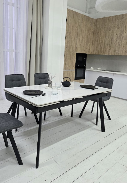 Стол керамический раскладной VTR- TM-98 белый мрамор/ черный  150-210*90*76