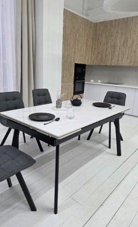 Стол керамический раскладной VTR- TM-98 белый мрамор/ черный  150-210*90*76