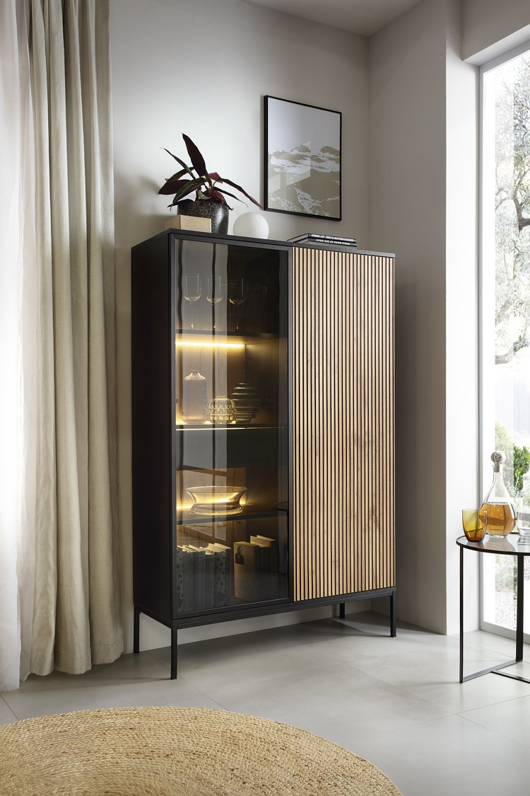 Витрина высокая на 2 двери с подсветкой Perfect home Sento WTSZ104 (черный/дуб вотан)