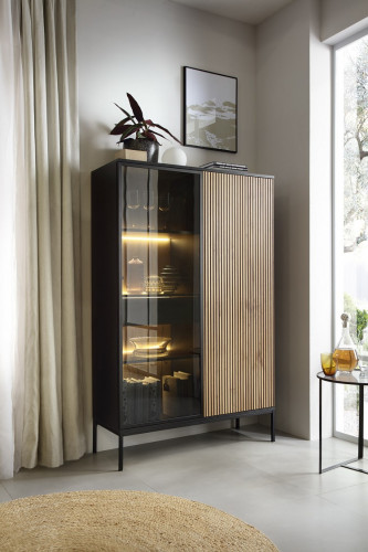 Витрина высокая на 2 двери с подсветкой Perfect home Sento WTSZ104 (черный/дуб вотан)