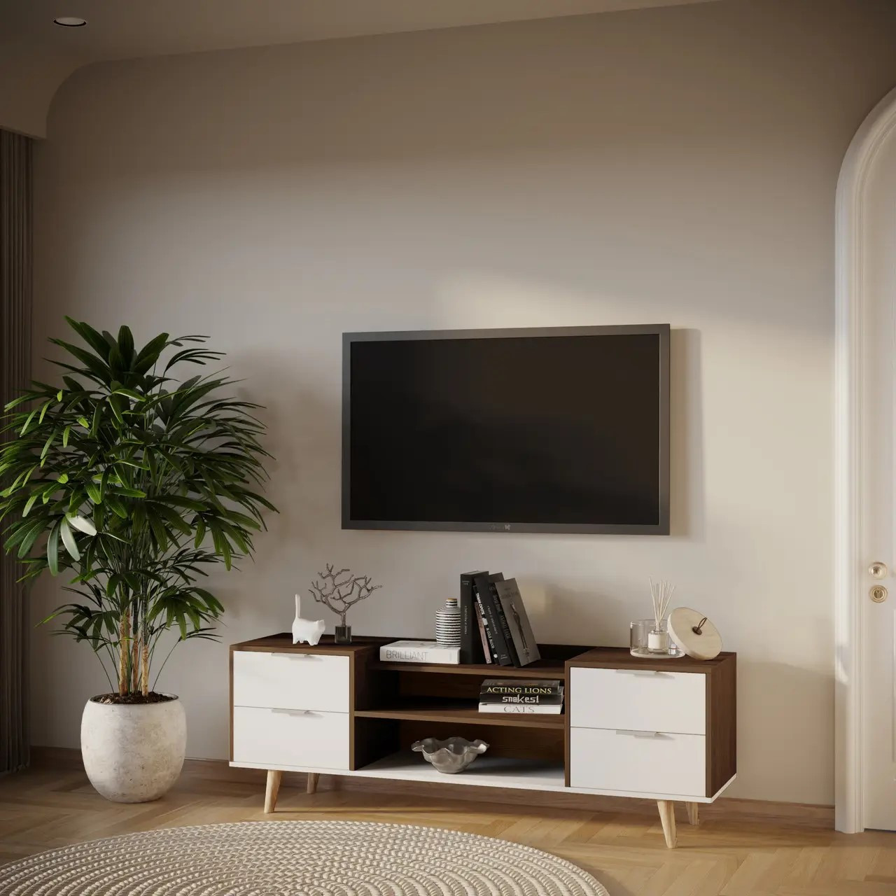 Тумба под телевизор 54х160х40 см KOD- Тумба ТВ-Хюгге (белый фасад)