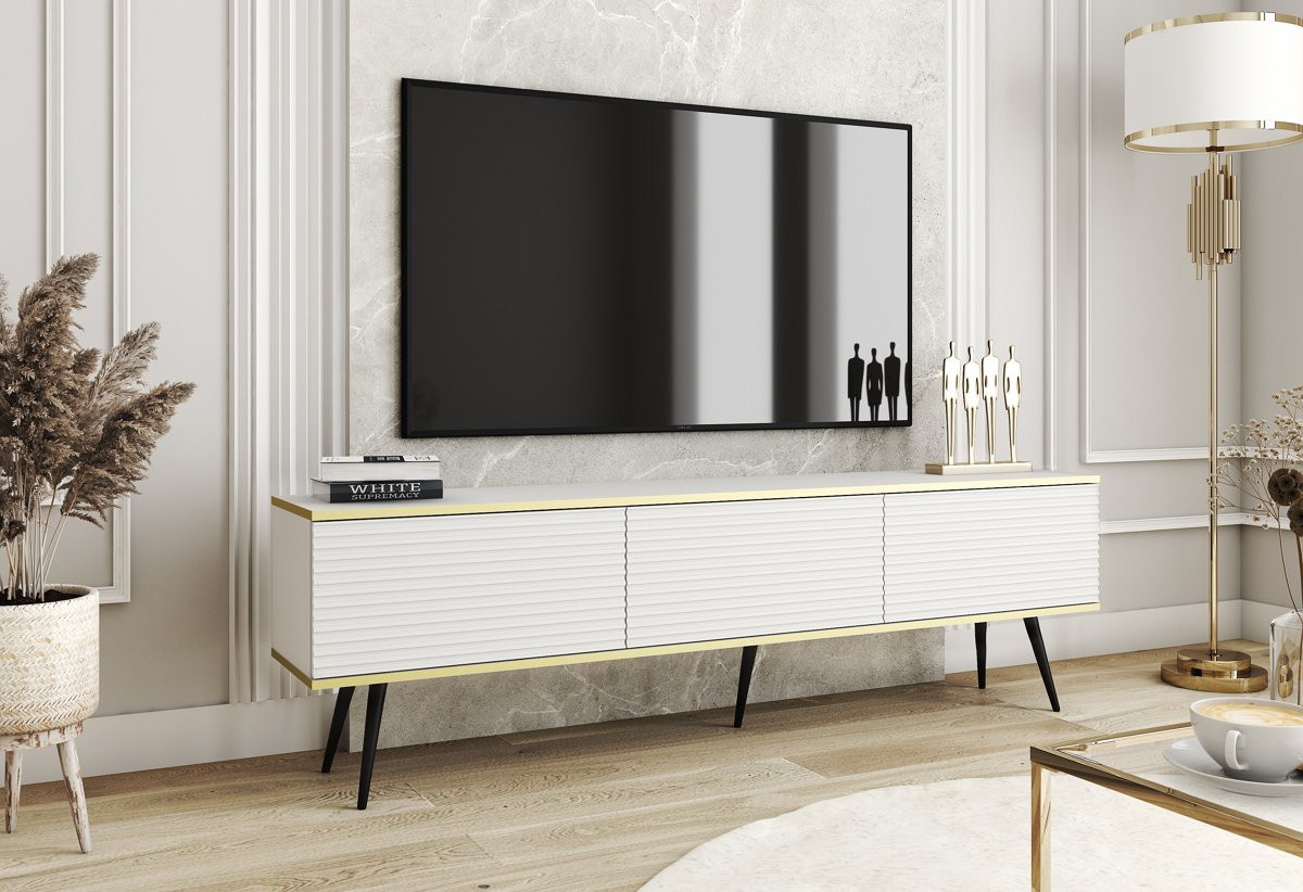 Тумба под ТВ Perfect Home Оро / Oro RTV175 MDF 3-дверная с черными ножками Белый
