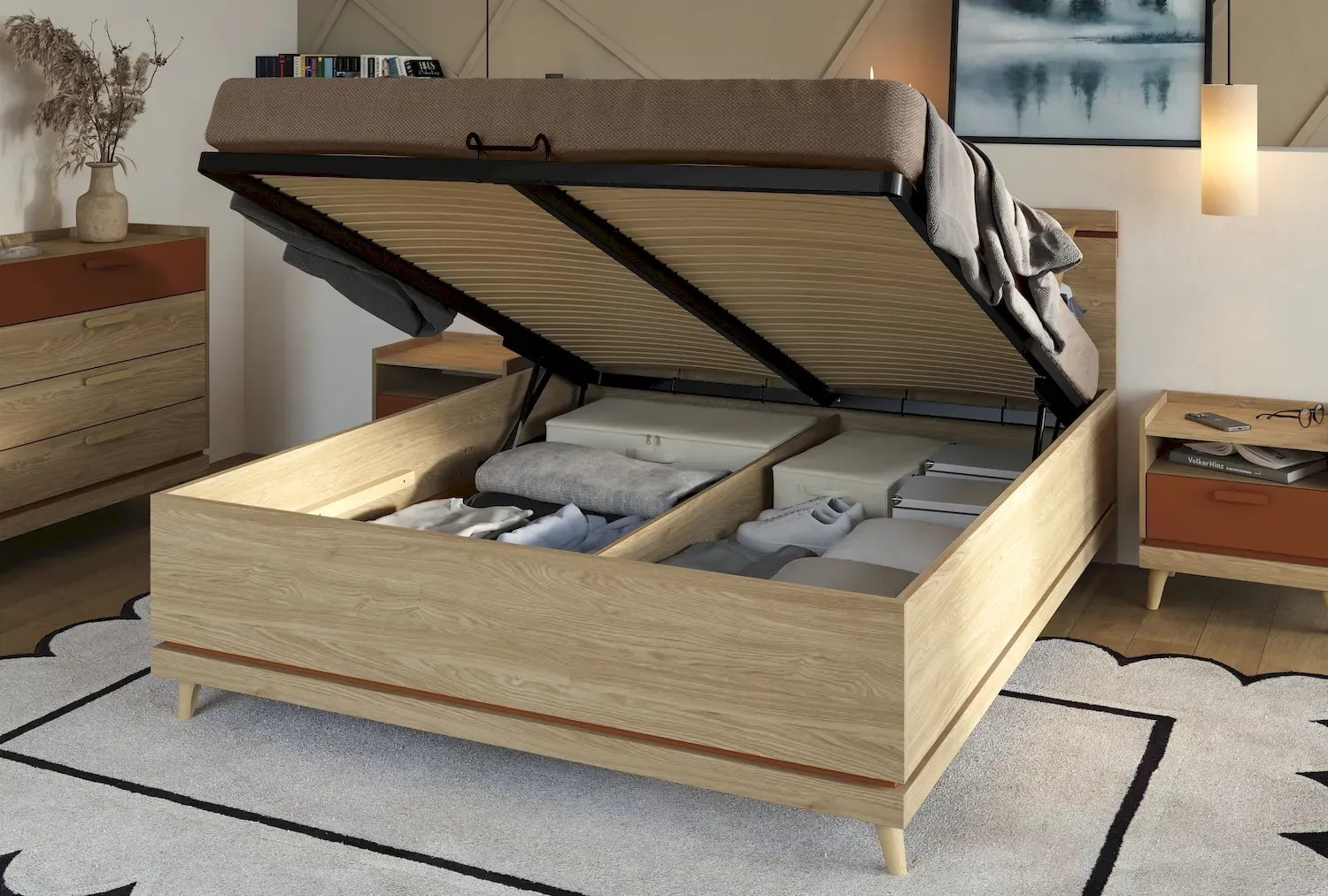 Кровать двуспальная с газовым подьемником Helvetia SCANDI (дуб/кирпич)