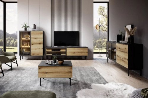 Тумба под телевизор с подсветкой Perfect Home Ланг/Lang 2-дверная 2D/180 Черный/дуб эвок