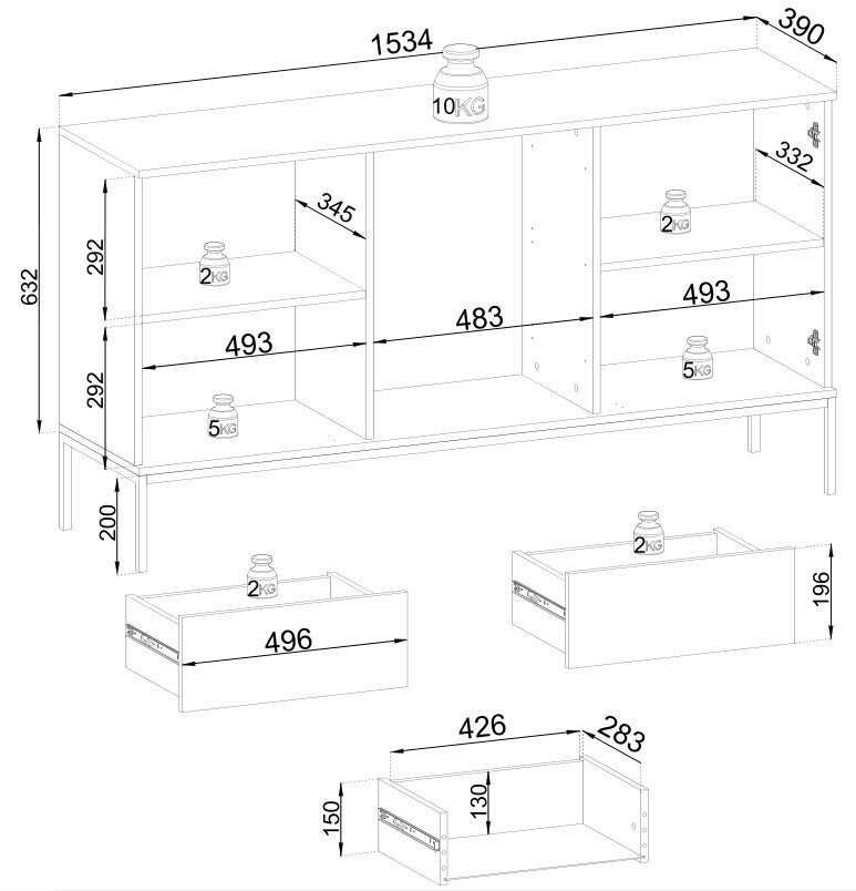 Комод на 2 двери и 3 ящика с подсветкой Perfect home Sento KSZ154 (черный/дуб вотан)