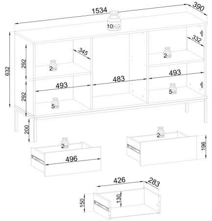 Комод на 2 двери и 3 ящика с подсветкой Perfect home Sento KSZ154 (черный/дуб вотан)