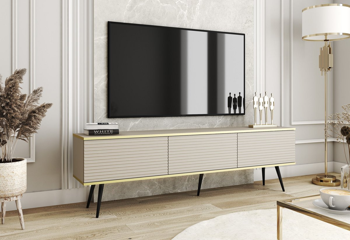 Тумба под ТВ Perfect Home Оро / Oro RTV175 MDF 3-дверная с черными ножками Бежевый