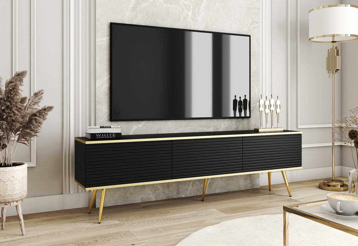 Тумба под ТВ Perfect Home Оро / Oro RTV175 MDF 3-дверная с золотыми ножками Черный
