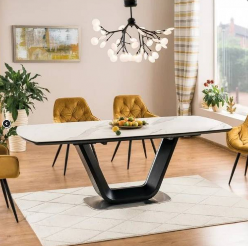 Стол раскладной DIZ-  ARMANI CERAMIC белый эффект мрамора/черный мат 160-220*90