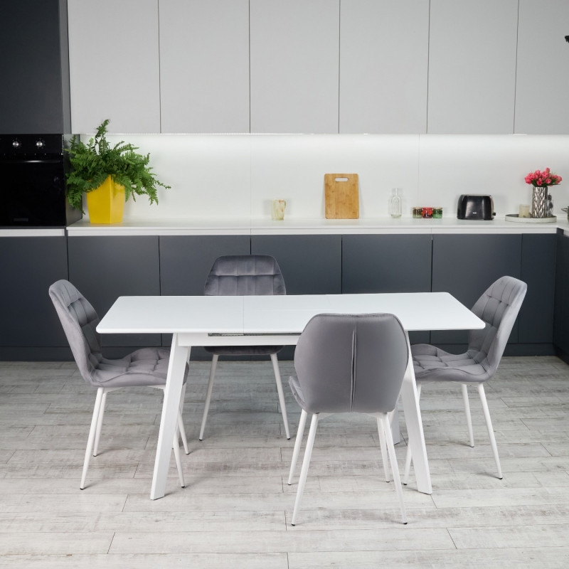 Кухонный комплект Ont- Алонзо 120 белый - белый раздвижной стол + 4 стула Lucky серый