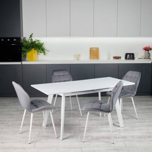 Кухонный комплект Ont- Алонзо 120 белый - белый раздвижной стол + 4 стула Lucky серый