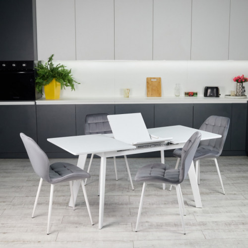 Кухонный комплект Ont- Алонзо 120 белый - белый раздвижной стол + 4 стула Lucky серый