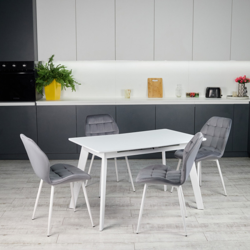 Кухонный комплект Ont- Алонзо 120 белый - белый раздвижной стол + 4 стула Lucky серый
