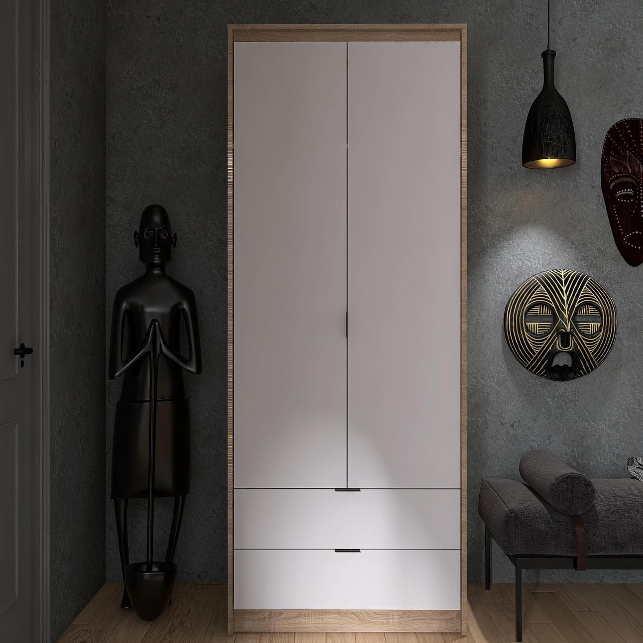 Шкаф распашной на 2 двери и 2 шухляды EVR- Сити-800(штанга) дуб Сонома + фасад белый