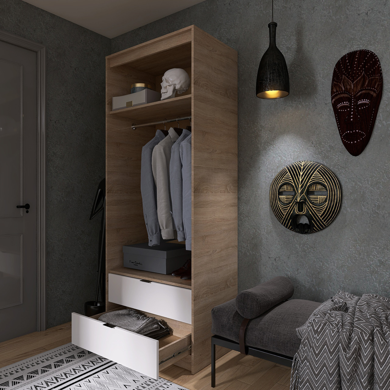 Шкаф распашной на 2 двери и 2 шухляды EVR- Сити-800(штанга) дуб Сонома + фасад белый