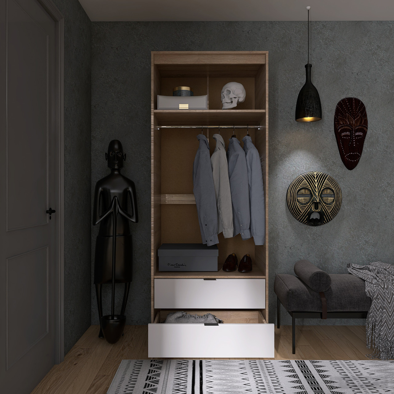 Шкаф распашной на 2 двери и 2 шухляды EVR- Сити-800(штанга) дуб Сонома + фасад белый