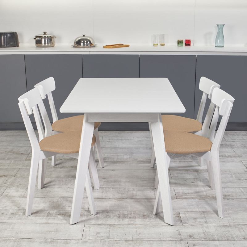 Кухонный комплект Ont- Алонзо 120 Премиум белый раздвижной стол + 4 стула Вито Премиум бежевые