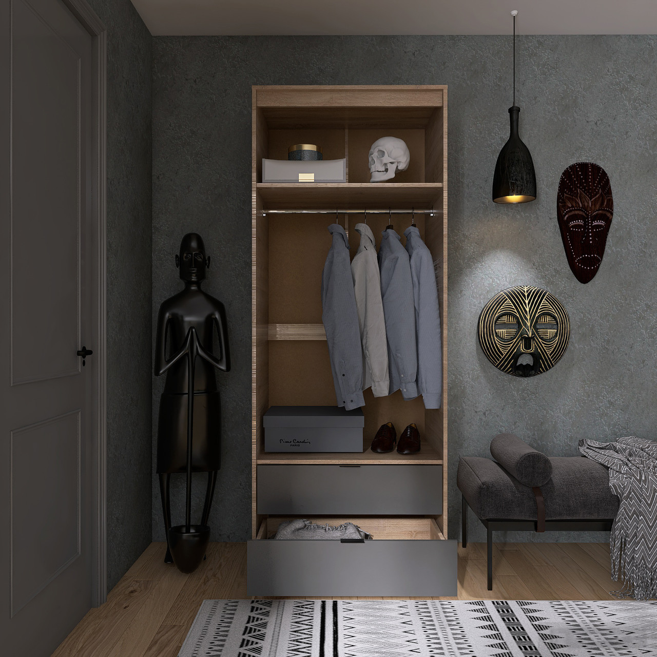 Шкаф распашной на 2 двери и 2 шухляды EVR- Сити-800(штанга) дуб Сонома + фасад графит