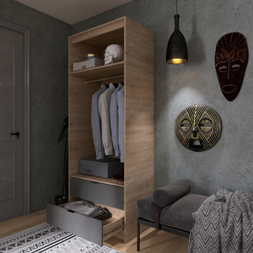 Шкаф распашной на 2 двери и 2 шухляды EVR- Сити-800(штанга) дуб Сонома + фасад графит